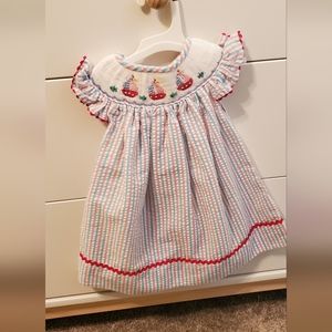 Babeeni Hand Smocked Pink, Blue, Red, White striped Sailboat 6month dress